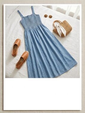 Smocked Chambray Midi Dress - Blue